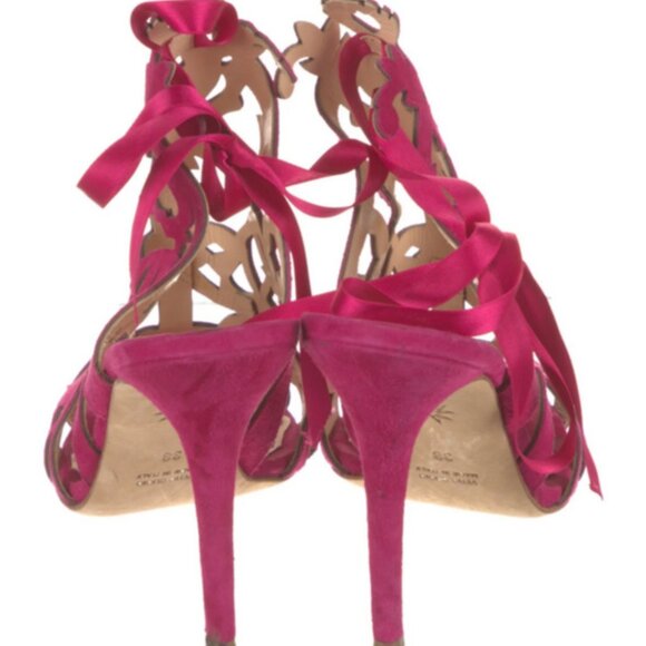 💕 Marchesa “Jessica” Hot Pink Suede Laser-Cut Gladiator Heels Ribbon Lace-Up  8 - Picture 5 of 7